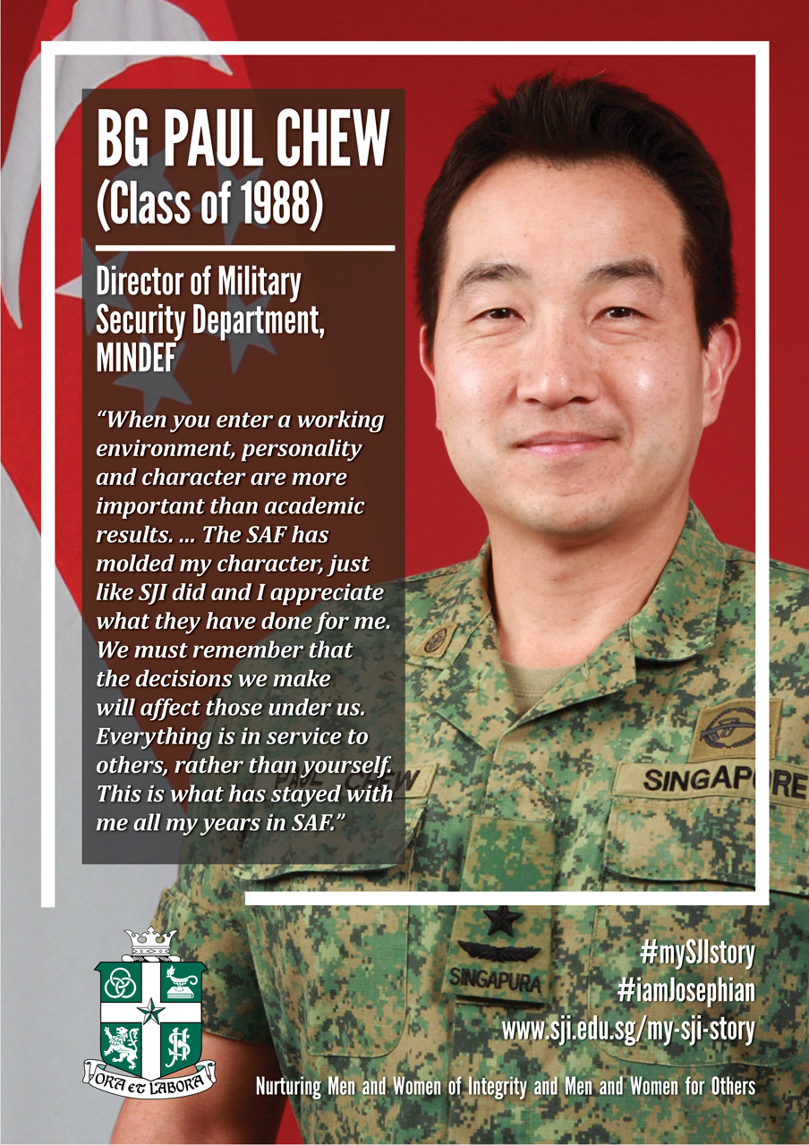 BG Paul Chew in Singapore camouflage uniform, featured on an SJI alumni promotional poster with a quote.
